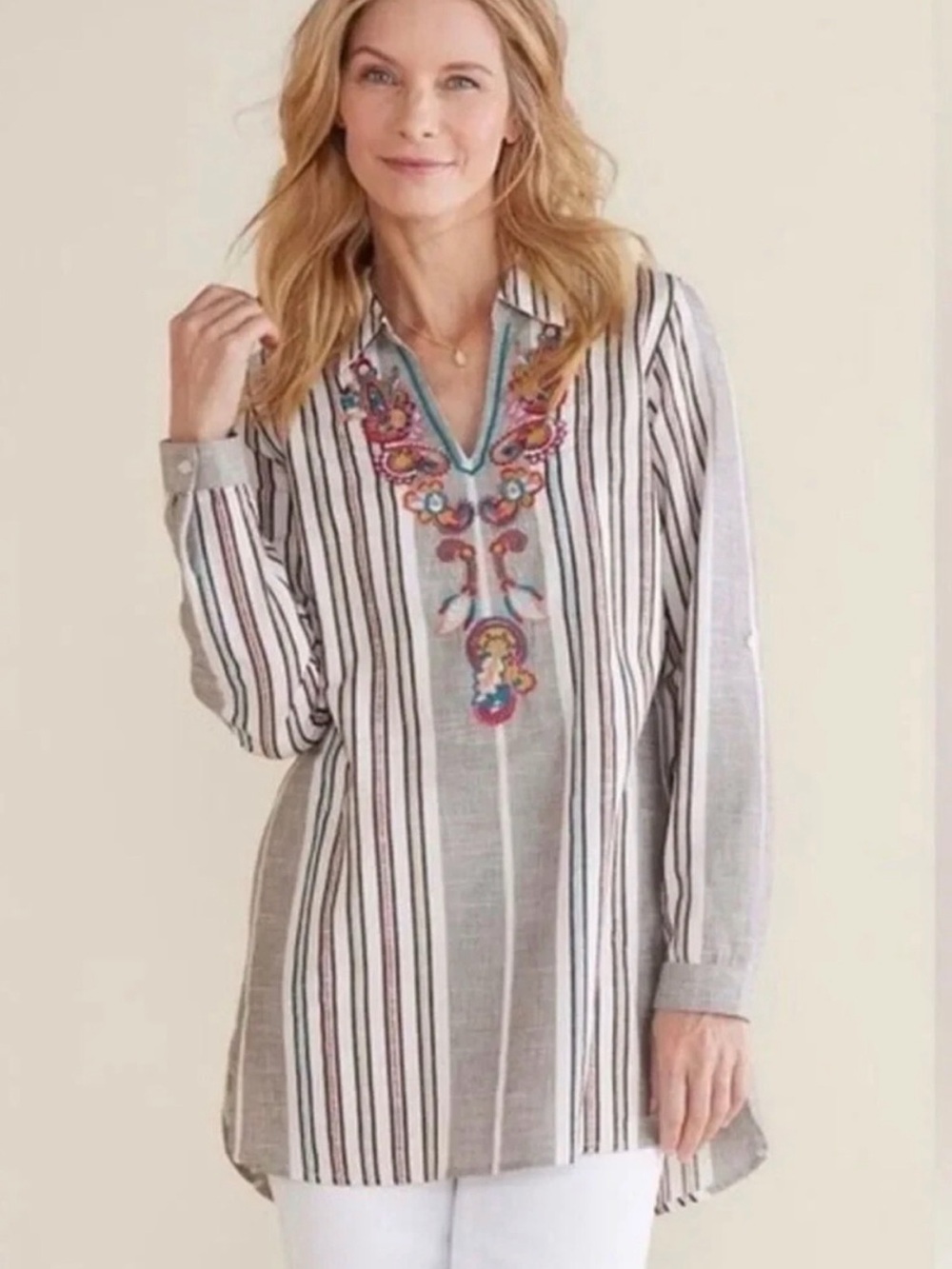 Soft Surroundings Aruba Woven Knit Floral Embroidered Long Sleeve Cotton Tunic L